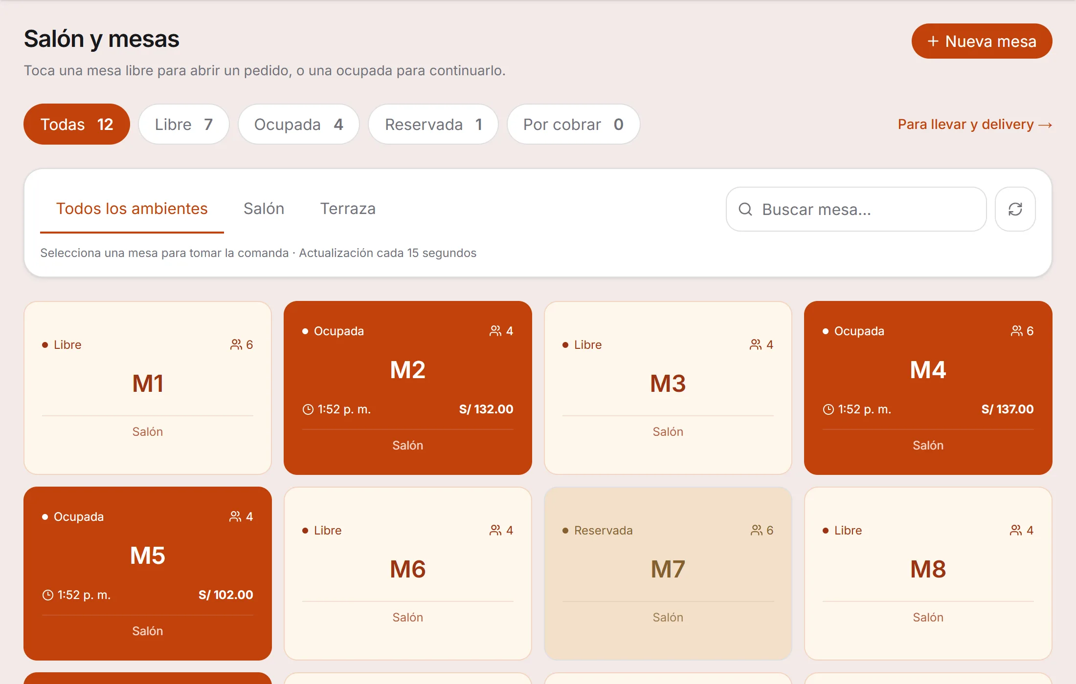 Salón y mesas de AppRest con mesas libres, ocupadas y reservadas por ambiente