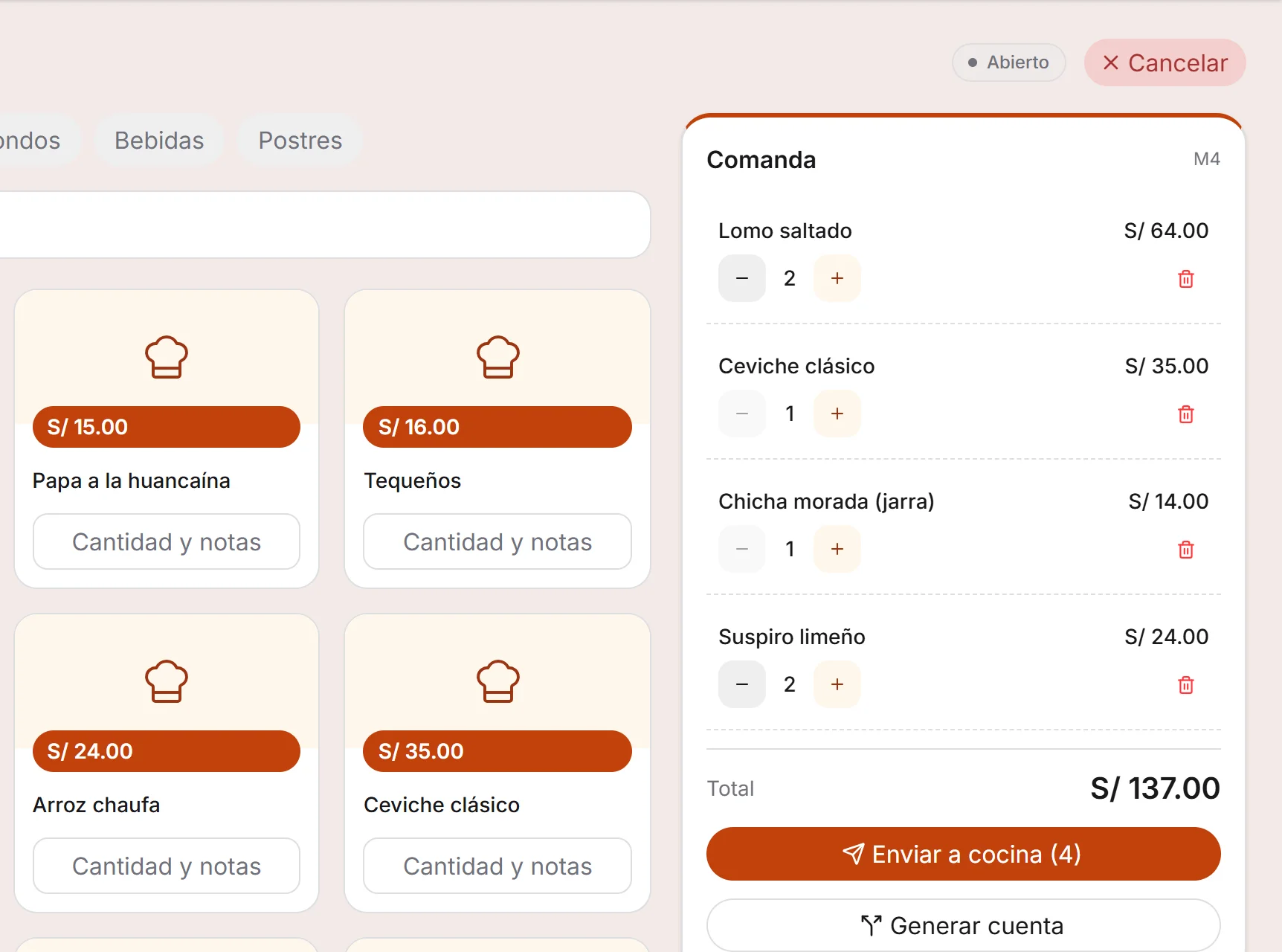 Pantalla de pedido de AppRest: carta por categorías a la izquierda y la comanda de la mesa con su total a la derecha
